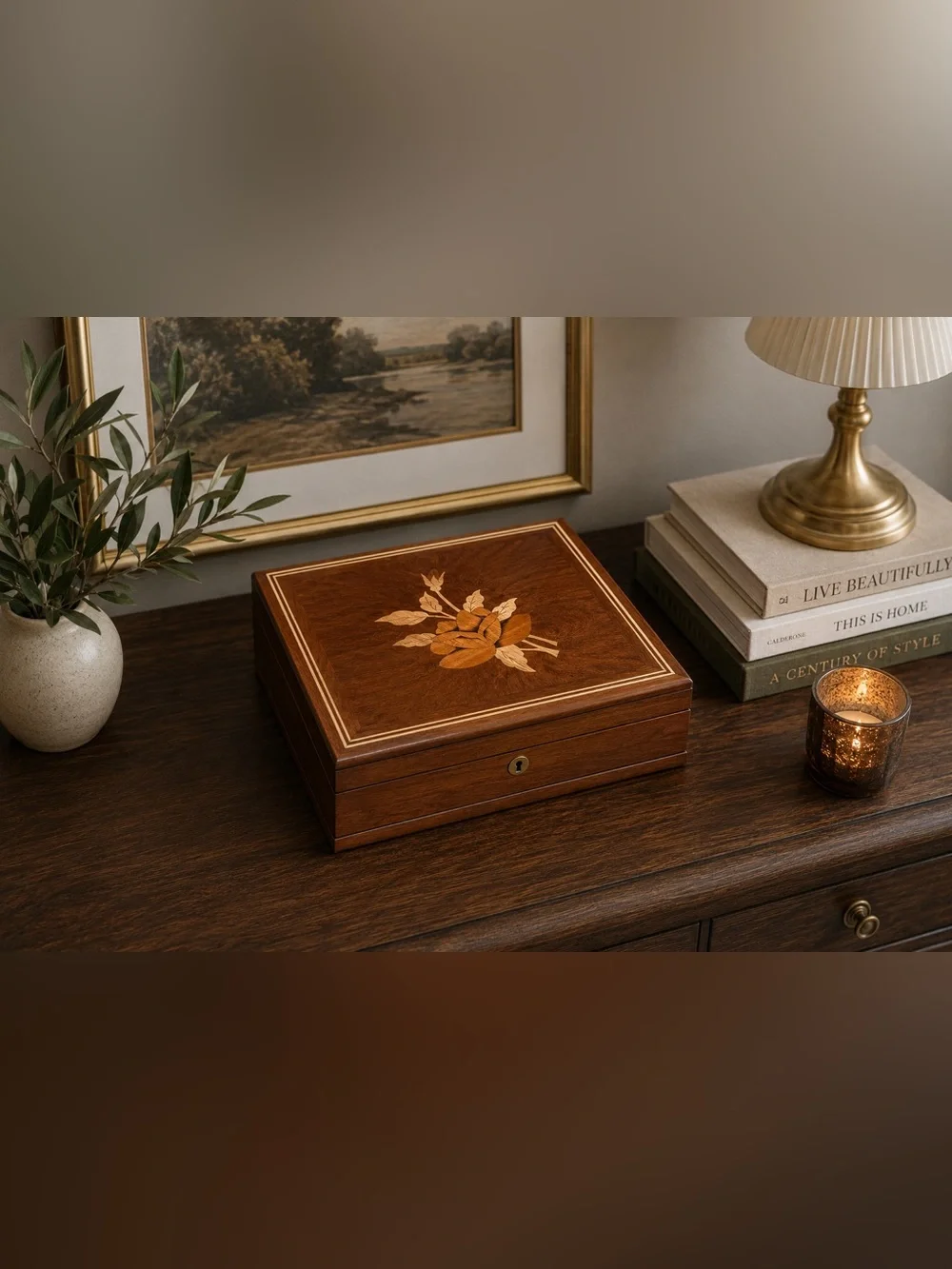 Vintage Brazilian Marquetry Jewelry Box Floral Wood Inlay Velvet‎ Lined